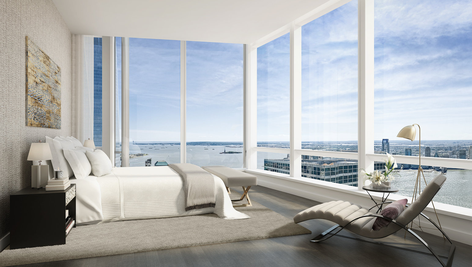 Airy bedroom with full-height windows and views of the Hudson River, grey wood floor, neutral rug and bedding, lounge chair.