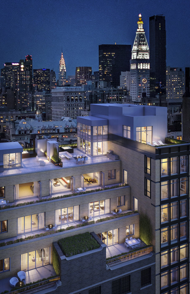 Exterior shot of four upper floors of the development showing penthouse apartment with roof deck and lower unit terraces.