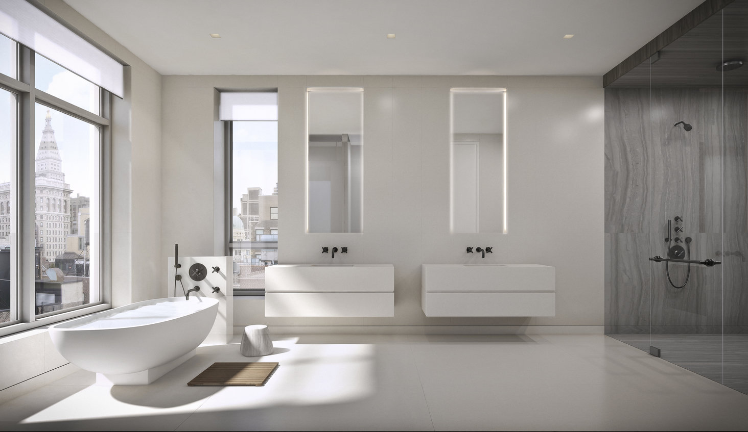 Modern primary bathroom in white and gray with standing shower on a marble wall, soaking tub, pair of wall-mounted vanities.
