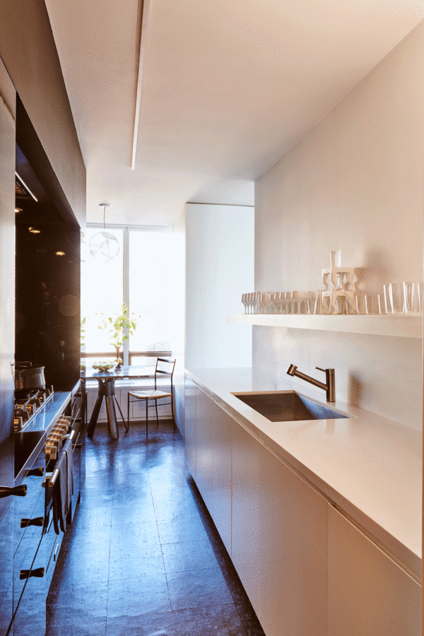 Galley kitchen with wall of black cabinets and appliances, and a white wall with sink, counter space, and shelf of glasses.