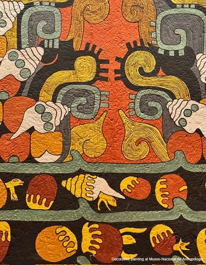 An abstract decorative painting of snail shells and shelled creatures in an orange, yellow, green and black color palette.