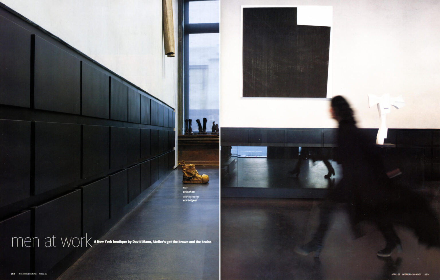 A double page spread of a story titled Men At Work in Interior Design magazine featuring men's store Atelier.