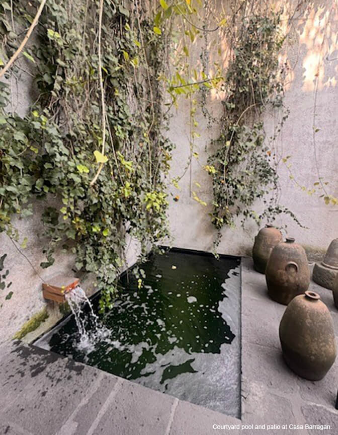 A concrete wall with hanging vines, a small, rectangular pool in the concrete ground; a collection of large urns.