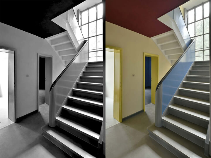 A black and white and a color image side-by-side or a room with a staircase and two open doorways.