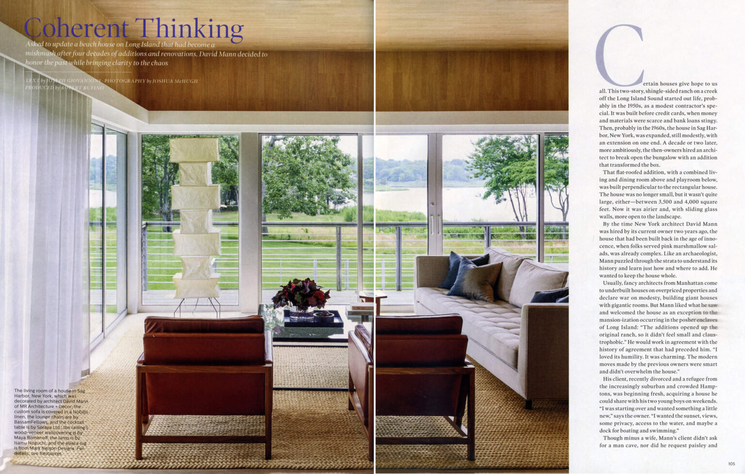 A double page spread of a story in Elle Decor titled Coherent Thinking about a home by MR Architecture + Decor in Long Island, NY.