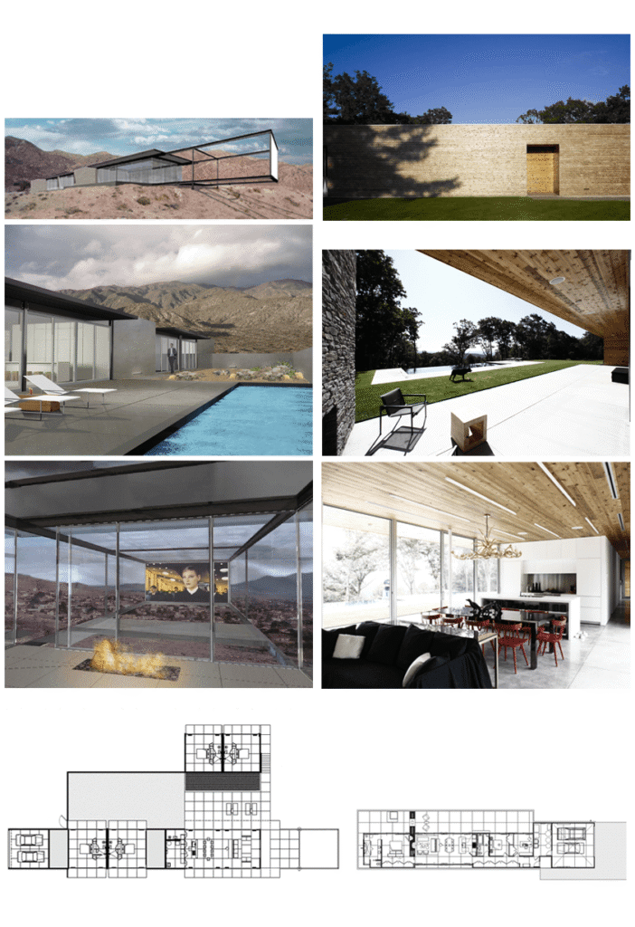 A grid of images showing two houses with a bar shape. The left column is glass and steel; the right column in cedar clad.