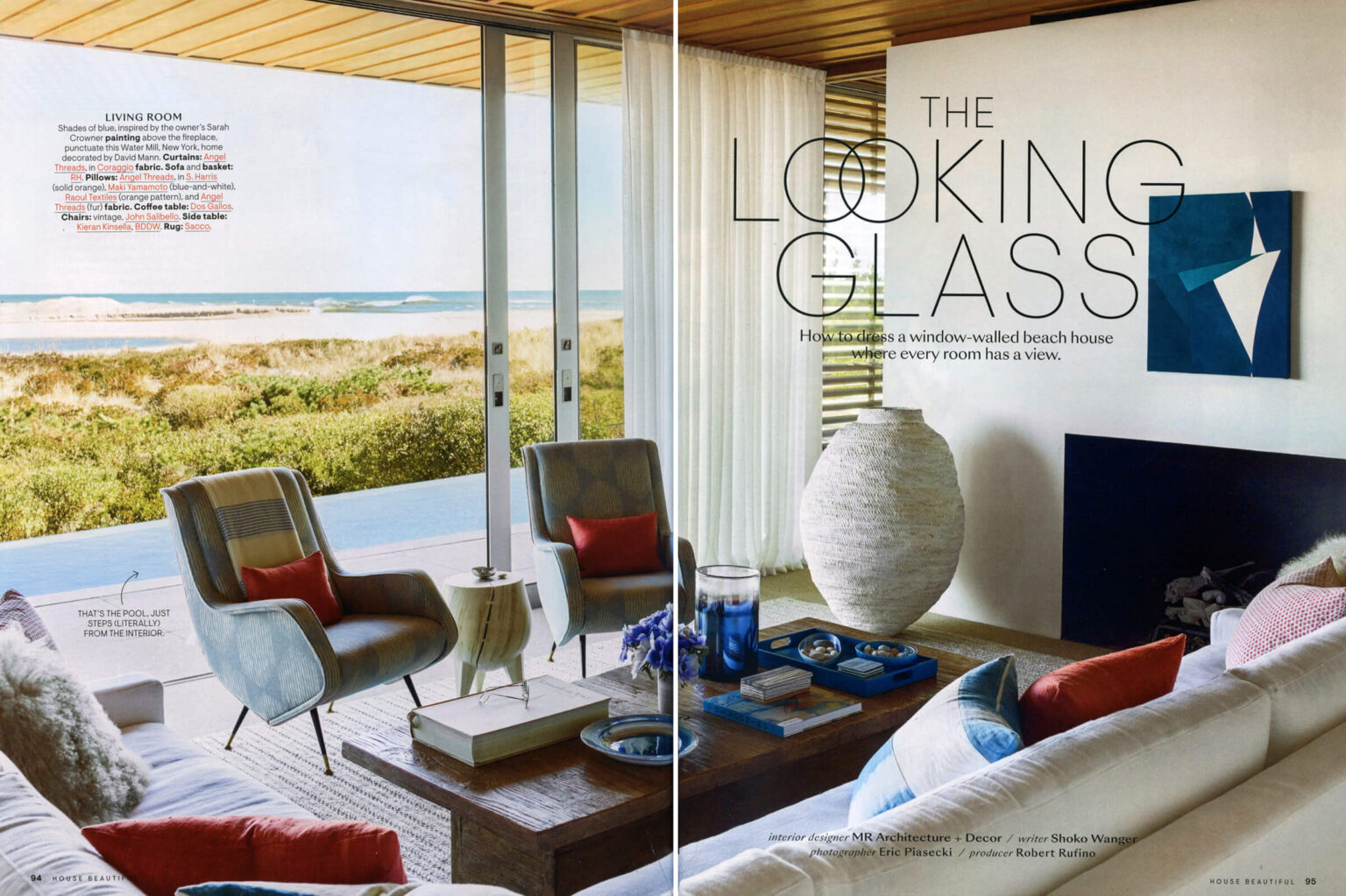 A double page spread of an article titled The Looking Glass of a beach house by MR Architecture + Decor in House Beautiful magazine.