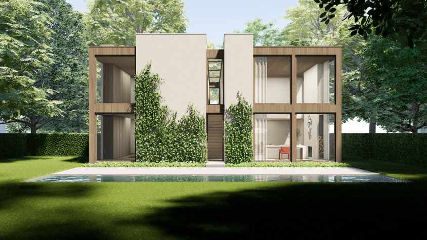 Rendering of the rear side of a modern two-story wood, concrete and glass house with climbing ivy and a yard with a pool.