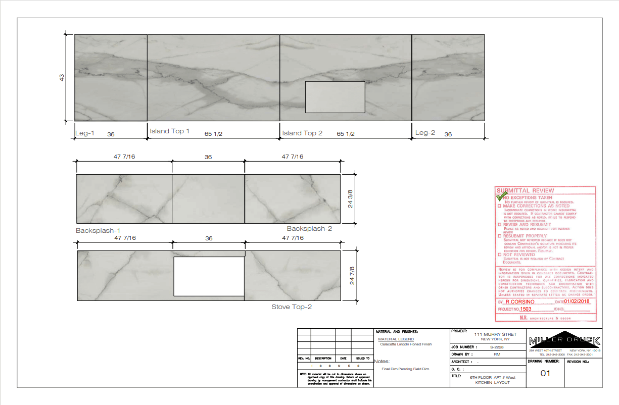 Architectural drawing with plan view and elevation of stone layout for interior project.