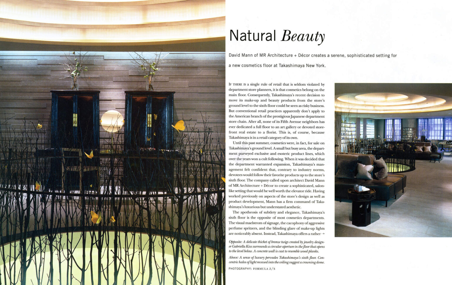 A double page spread of a story titled Natural Beauty of the Takashimaya store in NYC by MR Architecture + Decor in Interior Design magazine.