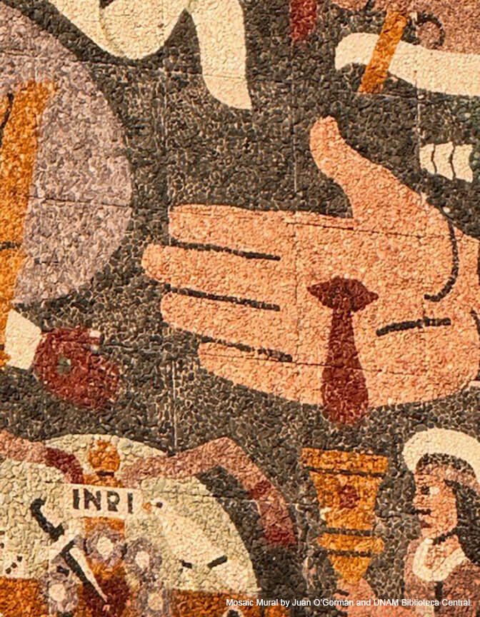 A closeup of a stone mosaic mural in browns, reds, oranges and beige colors, with a hand, a person and miscellaneous shapes.
