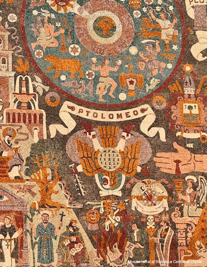 A stone mosaic mural in browns, reds, oranges and blues showing people, animals and decorative shapes and religious symbols.