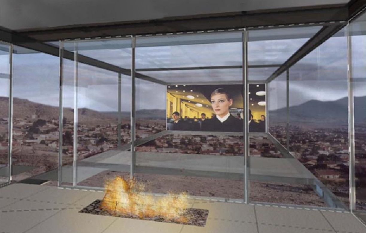 Interior of glass and steel house with interior firepit in foreground and large scale television screen at rear wall.