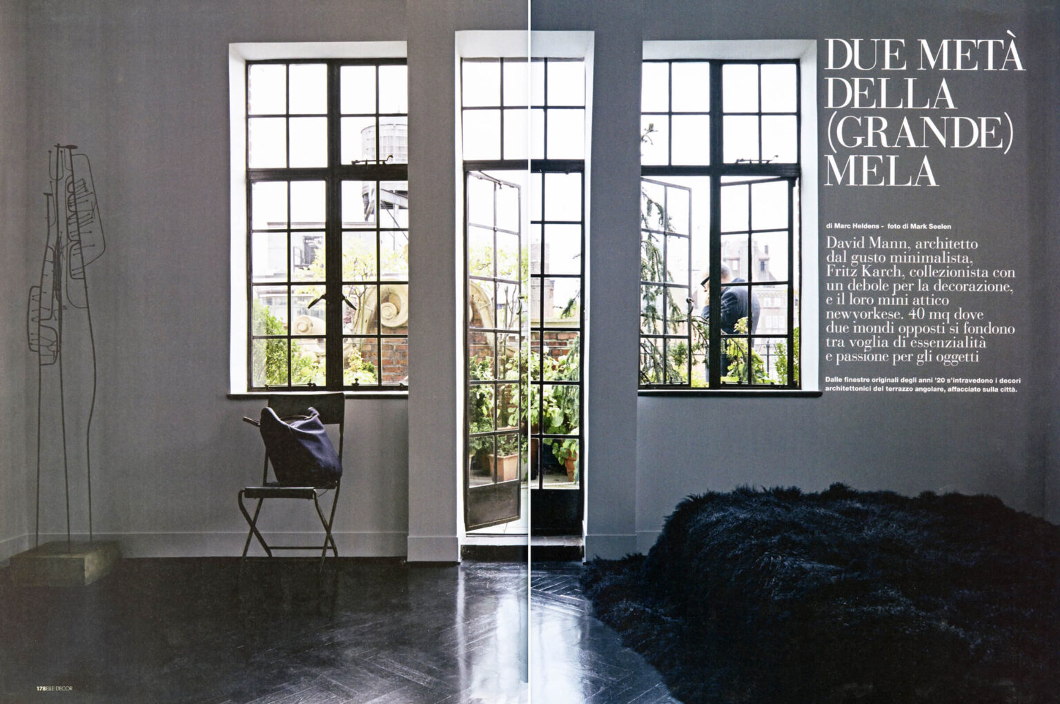 A double page spread of a story in Elle Decor Italia on the west village apartment of architect David Mann.