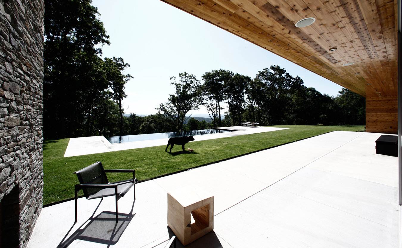 Rear patio with stacked stone fireplace and a view of the backyard with dog, infinity pool and Berkshires in the distance.