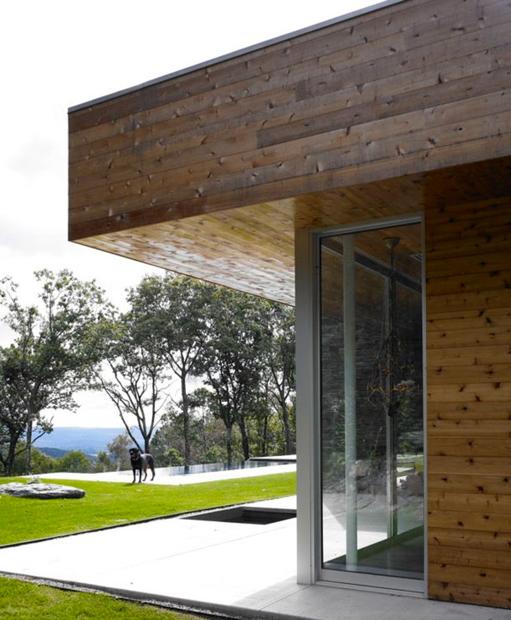 Exterior corner of cedar house with glass-walled bathroom, back patio with firepit, dog and pool and view of the Berkshires.